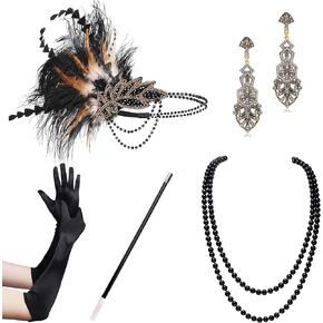 BABEYOND 1920s Flapper Accessories Gatsby Costume Accessories Set 20s Flapper Headband Pearl Necklace Gloves Plastic Holder