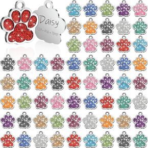 Abbylike 60 Pcs Personalized Dog Tags Blank Pet ID Tags Custom Glitter Paw for Cute Metal Cat Name Small DIY Engraved Puppy Name(Silver)