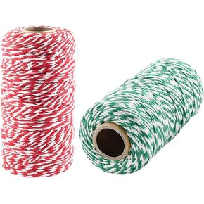 Piutouyar Red and White Twine & Red and Green Twine, Striped Cotton Twine, Bakers Candy Rope, Cotton Rope Cord String for Gift Wrapping, Baking(328Feet/Roll, 2 Roll)