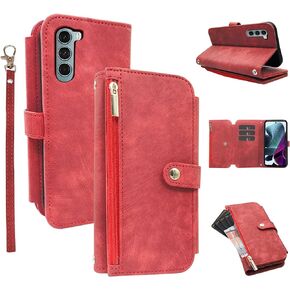 Furiet Compatible with Motorola G200 5G/Moto Edge S30 Wallet Case Flip Credit Card Holder Cell Folio Purse Lanyard Wrist Strap Rugged Slot Mobile Phone Cover for G 200 200G XT2175-1 Women Men Red