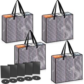 Buryeah Set of 4 DVD Storage Bags, DVD Storage Case Holder Organizer Holds up to 360 DVDs Clear Plastic Bags Video Game Storage with Carrying Handles and Zipper, Media Organizer for Movie VHS