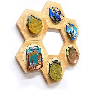 Medal Display Hanger Rack Wooden Decoration Hexagon Honeycomb Medal Storage Case for Sports Medals, Track & Field, Military, Spartan, Races, Running, Marathons (6pc)
