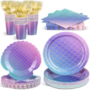 120 Pcs Mermaid Party Supplies Mermaids Themed Decorations Under the Sea Disposable Dinnerware Set Includes Plates Napkins Cups Fork for Birthday Party, Serves 24 Guests