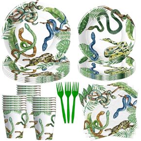 Snake Birthday Party Supplies, Reptile Theme Snake Party Decorations Tableware - Paper Plate, Napkin, Fork, Tablecloth, Jungle Swamp Camping Wilderness Snake Theme Table Decorations | Serve 24