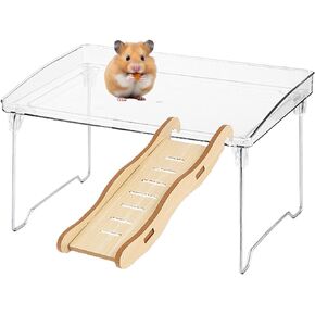 Hamster Play Platform - Acrylic with Wooden Stairs for Dwarf Syrian Hamsters, Gerbils, Mice, and Small Pets - Premium Cage Accessory for Climbing and Exercise
