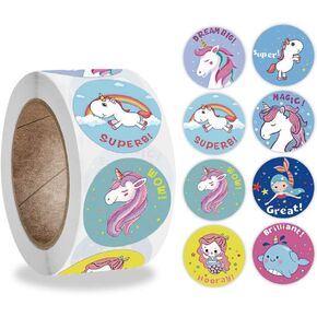 PMCDS2G Reward Stickers for Kids 1inch 500pcs Per Roll Unicorn Cartoon Design Easy Carried Incentive Sticker Supplies for Teachers and Mothers