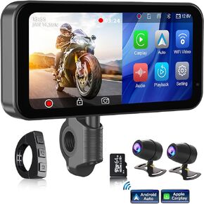 PARKVISION Portable Motorcycle DVR, 6.25" Wireless CarPlay & Android Auto Touch Screen with 1080P HD Dash Cam Front and Rear, Dual Bluetooth, 64GB TF Card, IP67 Waterproof - Carplay GPS for Motorbike