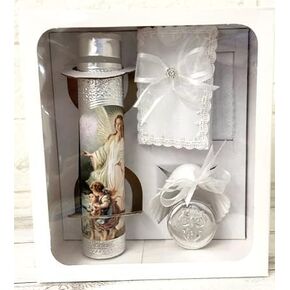 Beautiful Handmade 5pc. Silver Foil Angel and Kids Baptism Christening Shells Candle Set Favors Girl Boy White Set de Bautizo Espanol Nina Nino Baptism Communion Lace Gift Box