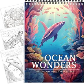 Coloring Books for Adult Spiral Bound Thick Paper, Ink Blotter Paper, Lay Flat Hard Cover, 30 Pages One Sided Design Gift for Adult to Relax and Relieve Anxiety Ocean Wonders