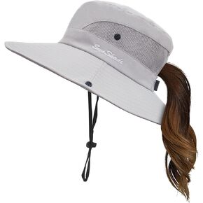 Women's Ponytail Sun Hat Summer UV Protection Foldable Wide Brim Beach Fishing Hats