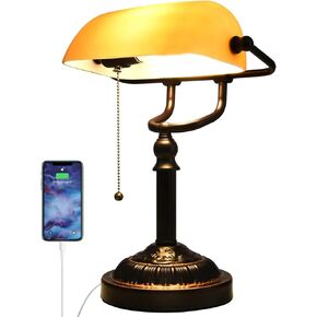 Rustic Desk Lamp Pull Chain, Traditional Bankers Desk Lamp with USB Port, Vintage Farmhouse Table Lamp for Home Office Library
