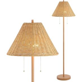 JONATHAN Y JYL3092A Nando 61" 2-Light Coastal Bohemian Iron/Rattan LED Floor Lamp with Pull-Chain Mid-Century, Modern Standing Reading Lamp LED Bulb Included, Brown Wood Finish