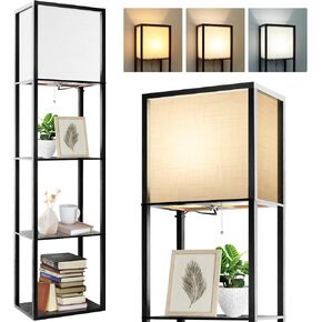 مصباح أرضي مع أرفف إضافية، شاحن لاسلكي، منافذ شحن USB ونوع C، 2 منافذ طاقة تيار متردد، 3 ألوان CCT قابلة للاختيار، مصباح زاوية 4 طبقات 15 وات، مصباح أرضي لغرفة المعيشة، غرفة النوم، خشب الجوز in Kuwait