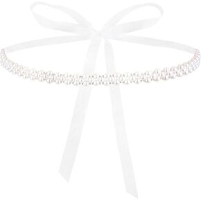 Women Skinny Wedding Pearl Waist Belt, Bridal Bridesmaid Dresses Waistband Adjustable White Ribbon Belt for Gowns
