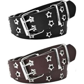 Women Punk Belt Black Double Grommet Stars Adjustable Waist Belt with Chain Hip-hop Style