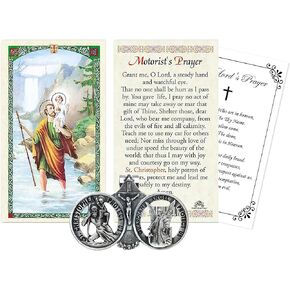 St Christopher Visor Clip Medal for Car - with Guardian Angel, Laminated Motorist's Prayer Card, The Lord's Prayer | Catholic Patron Saint of Travelers, Highway and Road Travel Themed Set, 3 Items