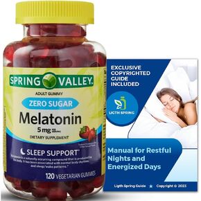 Spring Valley Zero Sugar Melatonin 5 MG, 120 Gummies, Sleep Support Bundle with Exclusive Manual for Restful Nights and Energized Days - Better Light&Spring Guide (2 Items)