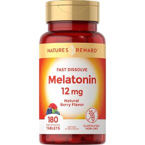 Nature's Reward Melatonin 12mg Fast Dissolve - 180 Tablets - Natural Berry Flavor - Vegetarian, Non-GMO & Gluten Free Supplement in Kuwait