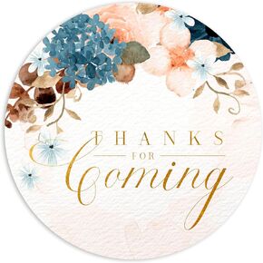 Blue Dusty Blush Pink Floral Thank You for Coming Stickers | 2 inch | Gold Foil | 60pcs Waterproof Thank You Stickers Wedding Labels for Wedding, Bridal Shower, Baby Shower