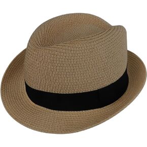 Kids Straw Fedora Panama Hat Toddler Short Brim Summer Sun Beach Cap Western Trilby Derby Jazz Hat for Boys Girls 2-8 Yrs