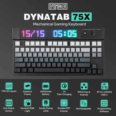 EPOMAKER DynaTab 75X Wireless Gaming Keyboard with Custom Dot-Matrix RGB LED Screen, Hot Swap Gasket-mounted Mechanical Keyboard, Bluetooth/2.4G/USB-C Custom Keyboard (Black, Wisteria Linear Switch) in Saudi Arabia