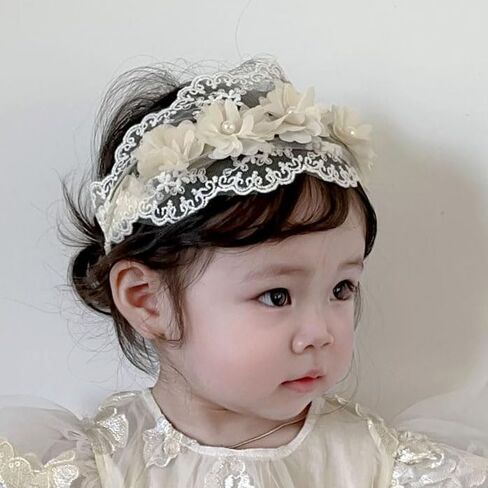 Baby Girl Headband Floral White Lace Baptism Christening Hairband Elastics Soft Head Wrap for Toddlers Hair Accessories for Infants Kids Shower Birthday Wedding Party (Style 1) in Saudi Arabia