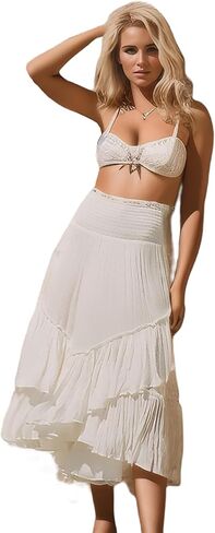 R.Vivimos Long Skirts for Women Summer Boho Smocked Strapless Dress Elastic High Waisted Layered Ruffle Hem Beach Midi Skirt in Saudi Arabia