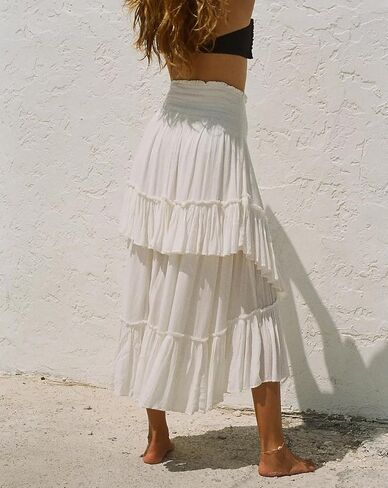 R.Vivimos Long Skirts for Women Summer Boho Smocked Strapless Dress Elastic High Waisted Layered Ruffle Hem Beach Midi Skirt in Saudi Arabia