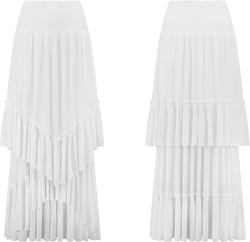 R.Vivimos Long Skirts for Women Summer Boho Smocked Strapless Dress Elastic High Waisted Layered Ruffle Hem Beach Midi Skirt in Saudi Arabia
