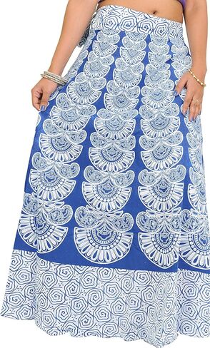 Wrap-Around Long Skirt with Block-Print in Pastel Colors - Pure Cotton in Kuwait