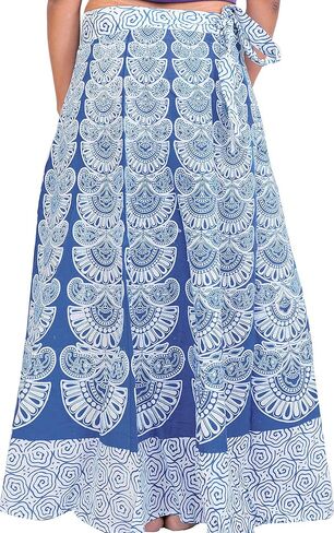 Wrap-Around Long Skirt with Block-Print in Pastel Colors - Pure Cotton in Kuwait