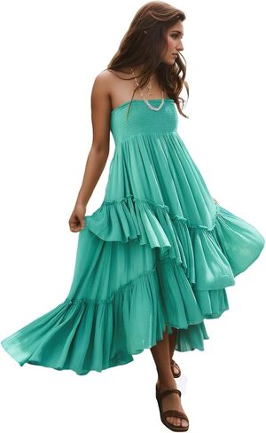 R.Vivimos Long Skirts for Women Summer Boho Smocked Strapless Dress Elastic High Waisted Layered Ruffle Hem Beach Midi Skirt in Saudi Arabia