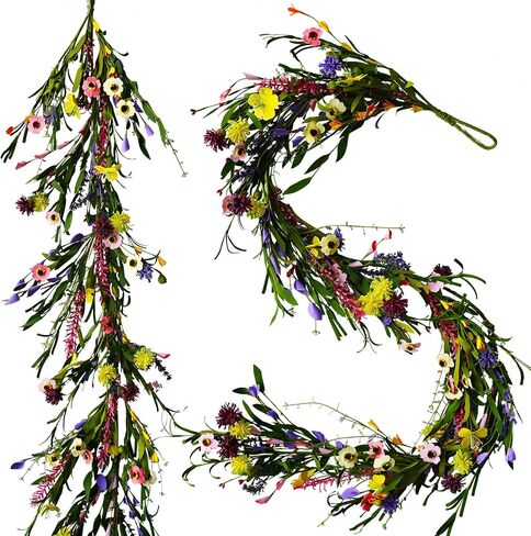 2PCS Artificial Daisy Garland, Artificial Wildflower Garland, 6FT Faux Flower Hanging Vine, Purple Flowers Ivy, Spring Garland with Eucalyptus Boston Fern Vine for Sign Board Party Home Decor in Saudi Arabia
