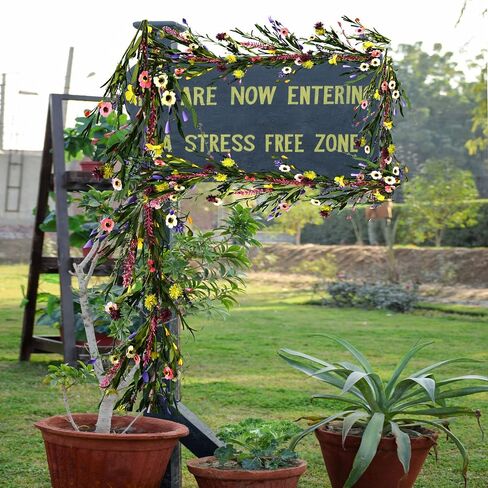 2PCS Artificial Daisy Garland, Artificial Wildflower Garland, 6FT Faux Flower Hanging Vine, Purple Flowers Ivy, Spring Garland with Eucalyptus Boston Fern Vine for Sign Board Party Home Decor in Saudi Arabia