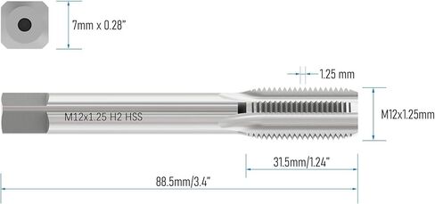 Metric Machine Tap M12 x 1.25, HSS 6542 Screw Tap H2, 3 Straight Flutes Thread Hole Repair Tools, Screw Milling Threading Machinist Repair(M12 x 1.25mm) in Kuwait