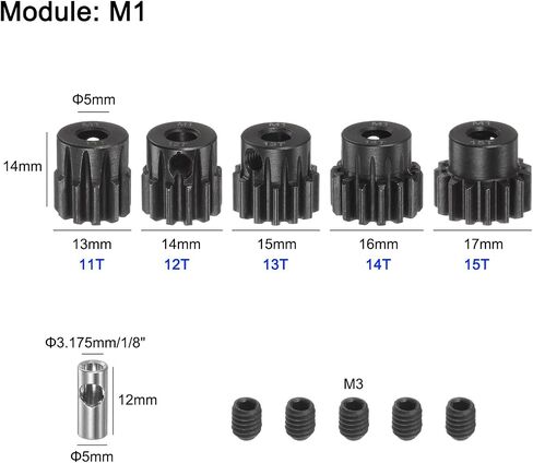 مجموعة تروس ترس uxcell M1 Mod1 عمود 5 مم 11T 12T 13T 14T 15T ترس ترس من الفولاذ الصلب مع وصلة 3.17 مم لسيارة RC (5 قطع) in Saudi Arabia
