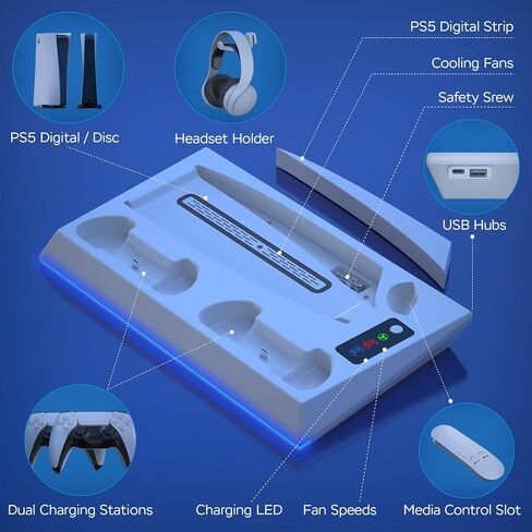 PS5 Stand with PS5 Cooling Station and PS5 Charger Station for Playstation 5 Accessories, PS5 Controller Charger Station with 3-Level Silent Cooling Fan(Not Fit 2023 PS5 Slim) in Saudi Arabia