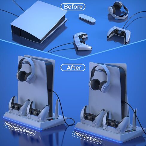 PS5 Stand with PS5 Cooling Station and PS5 Charger Station for Playstation 5 Accessories, PS5 Controller Charger Station with 3-Level Silent Cooling Fan(Not Fit 2023 PS5 Slim) in Saudi Arabia