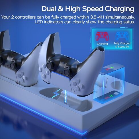 PS5 Stand with PS5 Cooling Station and PS5 Charger Station for Playstation 5 Accessories, PS5 Controller Charger Station with 3-Level Silent Cooling Fan(Not Fit 2023 PS5 Slim) in Saudi Arabia