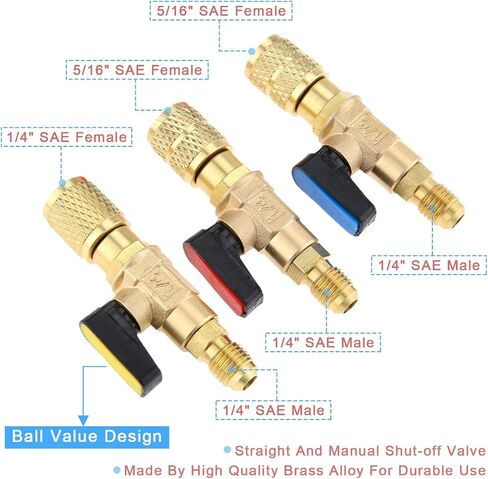 محول صمام الكرة المبرد لتكييف الهواء، 1/4 بوصة 5/16 بوصة من النحاس HVAC A/C صمام كروي للإغلاق المستقيم لR134a R22 R12 R410a أدوات خدمة السيارات شحن خراطيم تكييف الهواء أدوات التبريد in Saudi Arabia
