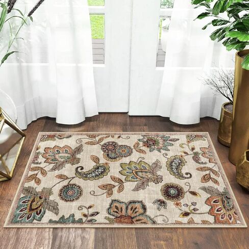 Vintage Floral Small Kitchen Rug,2x3 Rug Non Slip, Washable Paisley Design Door Rugs for Entryway Indoor,Non Shedding Kitchen Sink Throw Carpet for Bathroom Laundry, Beige Ivory in Kuwait
