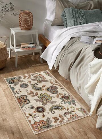 Vintage Floral Small Kitchen Rug,2x3 Rug Non Slip, Washable Paisley Design Door Rugs for Entryway Indoor,Non Shedding Kitchen Sink Throw Carpet for Bathroom Laundry, Beige Ivory in Kuwait