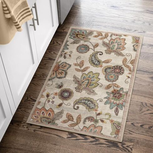 Vintage Floral Small Kitchen Rug,2x3 Rug Non Slip, Washable Paisley Design Door Rugs for Entryway Indoor,Non Shedding Kitchen Sink Throw Carpet for Bathroom Laundry, Beige Ivory in Kuwait