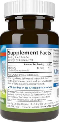 Carlson - Vitamin K2 MK-7 (Menaquinone), 45 mcg, Bone Support, Calcium Bioavailability, K2 Vitamin, Vitamin K-2, 90 Softgels in Saudi Arabia