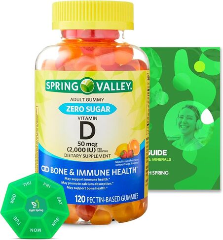علكة Spring V خالية من السكر، 50 ميكروجرام (2000 وحدة دولية)، 120 قطعة، نكهات الليمون والبرتقال والفراولة، تدعم صحة العظام والمناعة + دليل أفضل للضوء والربيع + منظم حبوب الدواء الأسبوعي (3 عناصر) in Kuwait