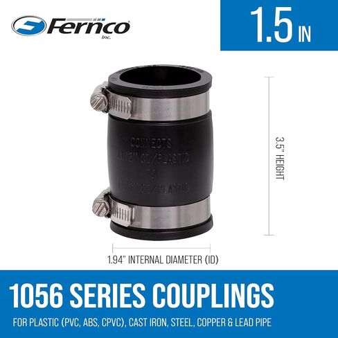 Fernco 1056-150 وصلة أنابيب مرنة 1-1/2 بوصة CI/بلاستيك/فولاذ إلى 1-1/2 بوصة CI/بلاستيك/فولاذ in Saudi Arabia