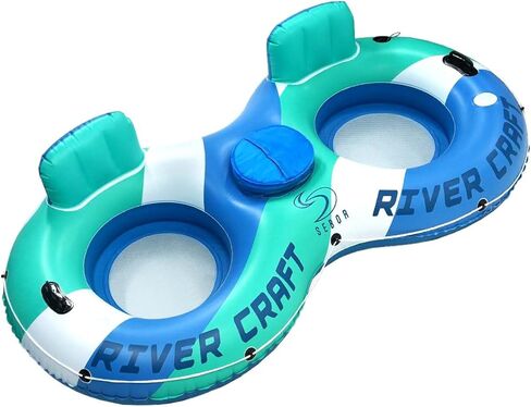 أنبوب عائم قابل للنفخ شديد التحمل، أنبوب نهر مع مساحة تخزين ومساند ظهر وحاملات أكواب ومقابض - أنبوب حمام سباحة فاخر كبير جدًا للاسترخاء في الصيف - أزرق (مقعد مزدوج 1 حزمة) in Kuwait