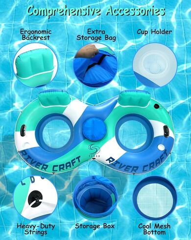أنبوب عائم قابل للنفخ شديد التحمل، أنبوب نهر مع مساحة تخزين ومساند ظهر وحاملات أكواب ومقابض - أنبوب حمام سباحة فاخر كبير جدًا للاسترخاء في الصيف - أزرق (مقعد مزدوج 1 حزمة) in Kuwait