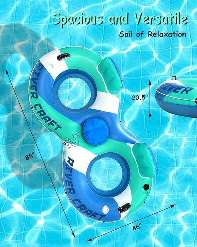 أنبوب عائم قابل للنفخ شديد التحمل، أنبوب نهر مع مساحة تخزين ومساند ظهر وحاملات أكواب ومقابض - أنبوب حمام سباحة فاخر كبير جدًا للاسترخاء في الصيف - أزرق (مقعد مزدوج 1 حزمة) in Kuwait