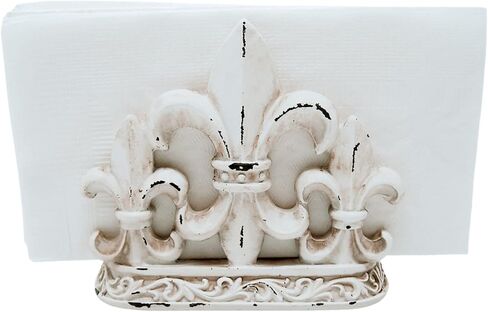 Fleur De Lis Napkin Holder, White Distressed Finish, French Themed Décor, Stylish Tabletop Decoration, 5.5 Inches in Saudi Arabia